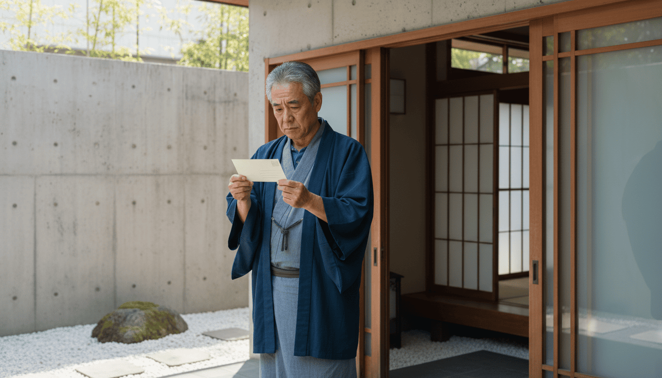 現代的な日本の住宅の玄関先で、届いたばかりのハガキの通知内容を真剣な表情で慎重に確認するシニアの日本人男性。